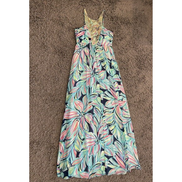Lilly Pulitzer NEW Lannette High Tide Dancing Lady Gold Beads Maxi Dress 2 $368 - Picture 9 of 16